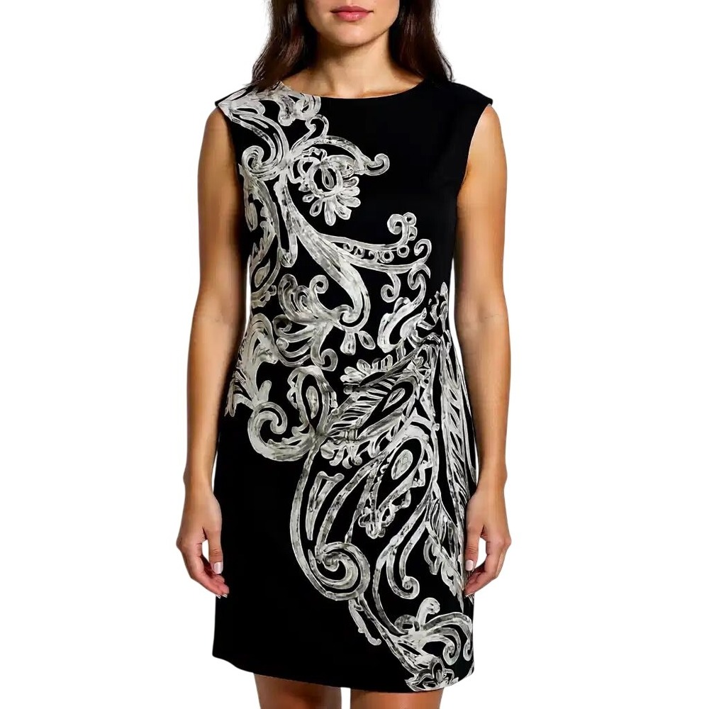 Lauren Ralph Lauren Black White Paisley Scroll Ruched Sheath Dress Size 14